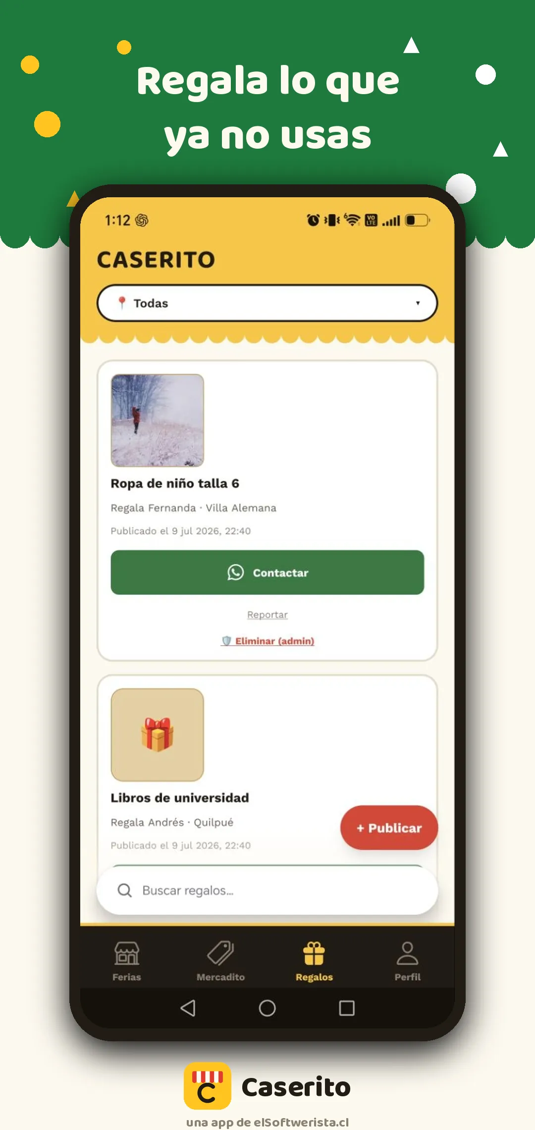 Pantalla de regalos entre vecinos en Caserito