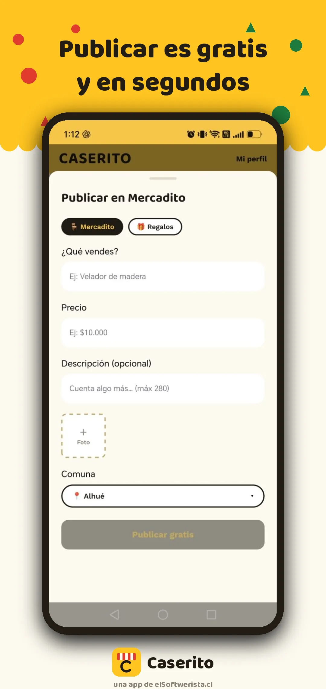 Pantalla para publicar un aviso en Caserito