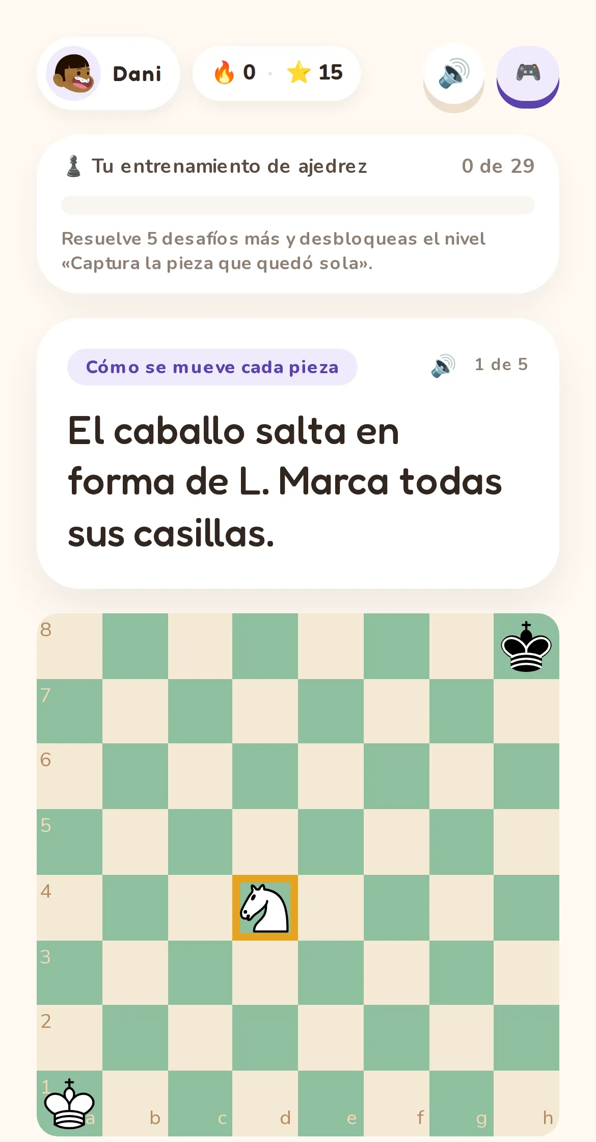 Ajedrez en Abririx: desafío «El caballo salta en forma de L. Marca todas sus casillas» con el tablero y el avance del entrenamiento
